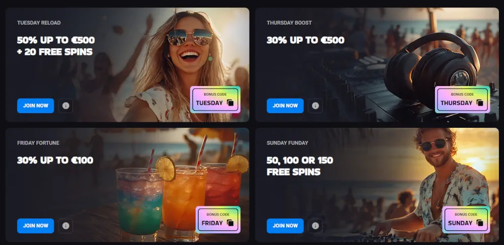 Luckyvibe kampanjegrid som viser ulike innskudd- og gjeninnlastingsbonuser